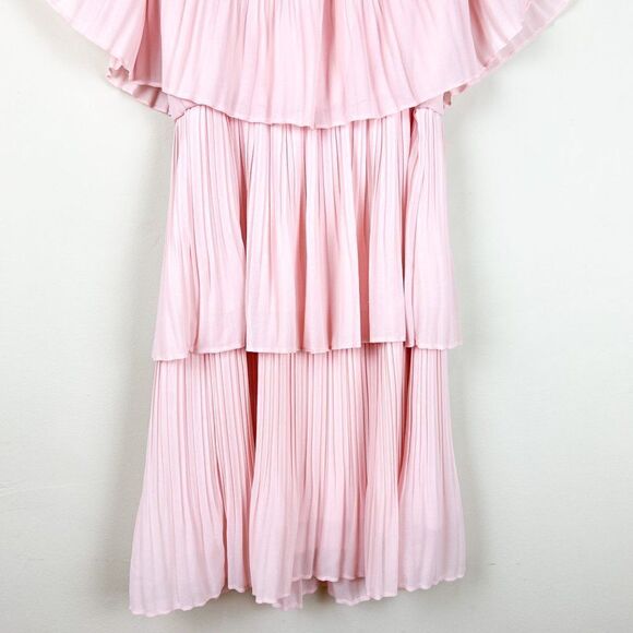 B Darlin Light Blush Pink Tiered Pleated Chiffon Off the Shoulder Dress - Picture 7 of 8